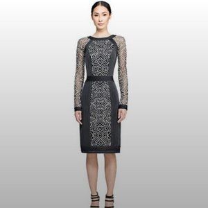 Tadashi Shoji Dress Sheath Black Ivory, White, Lace, Long Sleeve Nima Size 8